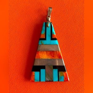 Native American Inlaid Pendant Necklace with Shell backing 1 x 1.75 inches.